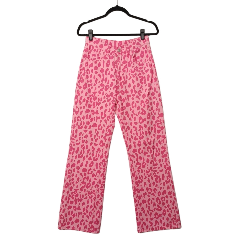 SHEIN Pink Leopard Animal Print High Rise Straight Leg Jeans Small